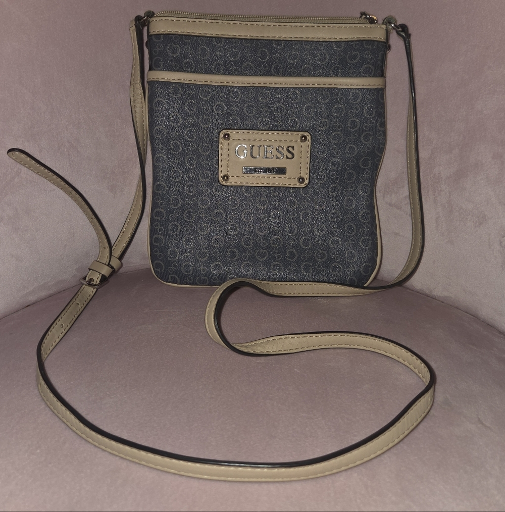 GUESS Navy Logo Crossbody with Tan Trim